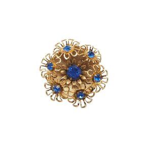 Blue Rhinestone Floral Filigree Brooch Pin Gold Tone Vintage